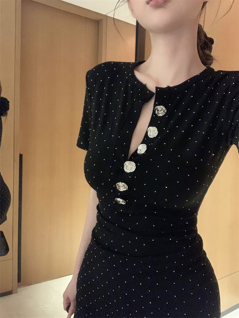 Beading Button Ornament Short Sleeve Short Dress LBD Strapless Bodycon Short Dress AP0528
