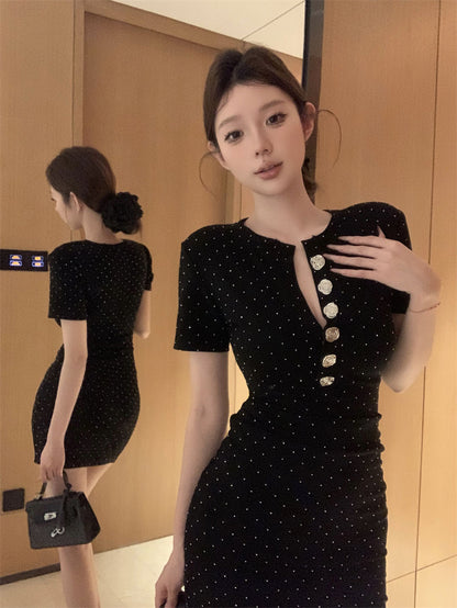 Beading Button Ornament Short Sleeve Short Dress LBD Strapless Bodycon Short Dress AP0528