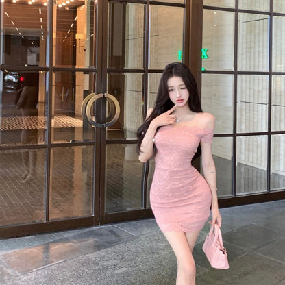 Chic Off-Shoulder Hugging Short Skirt Sexy Tulle Trimmed Sheath Short Dress AP0529