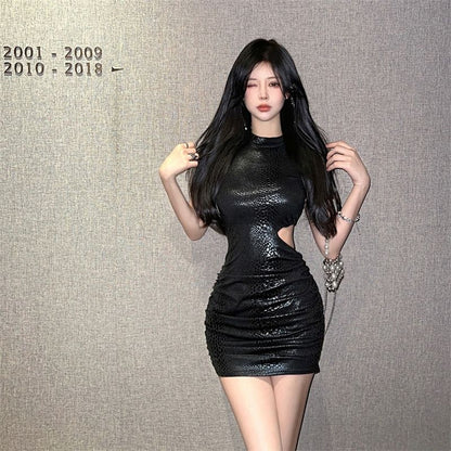 Open Waist Everyday Wear Short Skirt Short Sleeve Scale Texture Sheath Short Dress AP0531