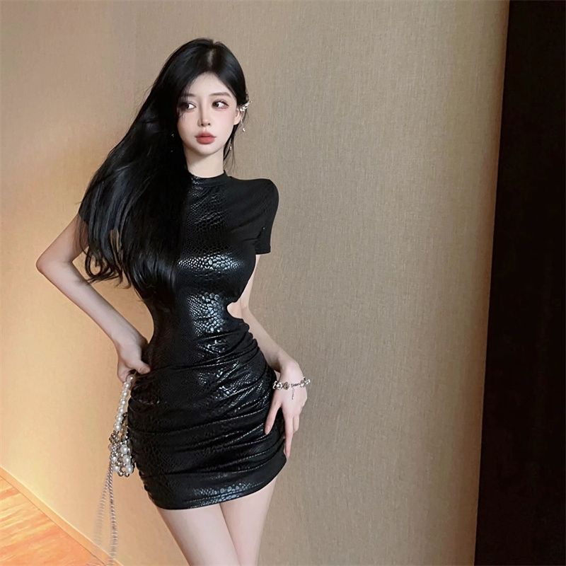 Open Waist Everyday Wear Short Skirt Short Sleeve Scale Texture Sheath Short Dress AP0531