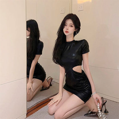 Open Waist Everyday Wear Short Skirt Short Sleeve Scale Texture Sheath Short Dress AP0531
