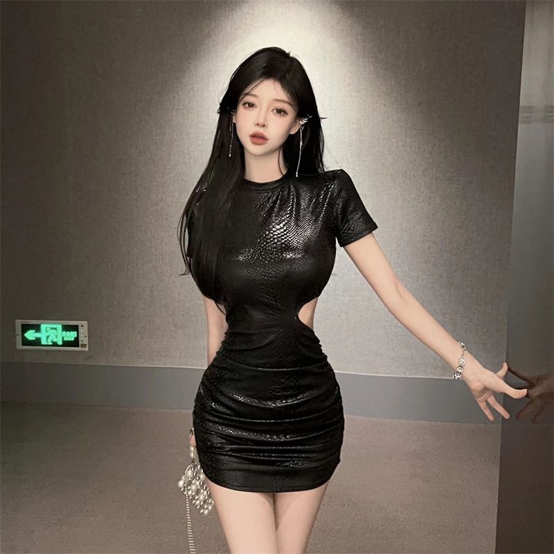Open Waist Everyday Wear Short Skirt Short Sleeve Scale Texture Sheath Short Dress AP0531