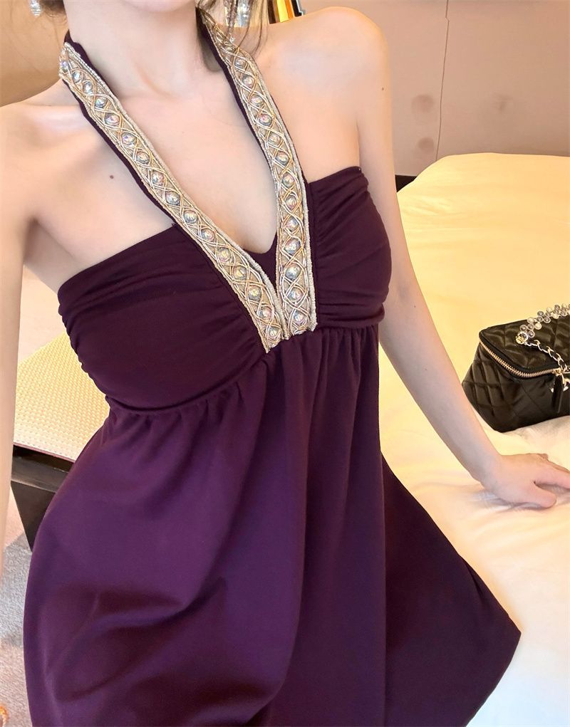 Everyday Wear Sleeveless Skirt Flowy Alluring Pleats Fitting Halter Short Dress AP0532