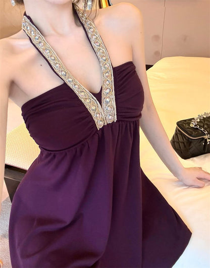 Everyday Wear Sleeveless Skirt Flowy Alluring Pleats Fitting Halter Short Dress AP0532