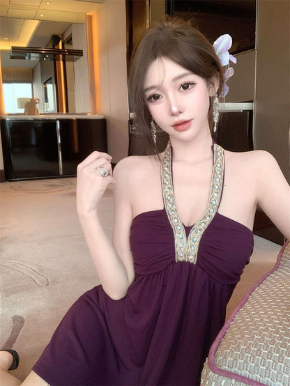 Everyday Wear Sleeveless Skirt Flowy Alluring Pleats Fitting Halter Short Dress AP0532