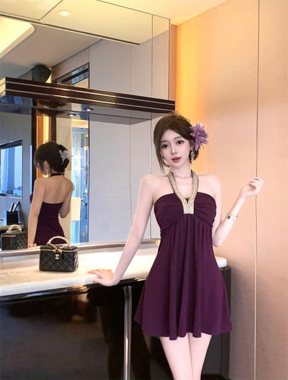 Everyday Wear Sleeveless Skirt Flowy Alluring Pleats Fitting Halter Short Dress AP0532