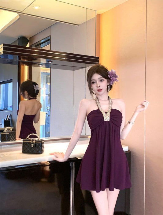 Everyday Wear Sleeveless Skirt Flowy Alluring Pleats Fitting Halter Short Dress AP0532