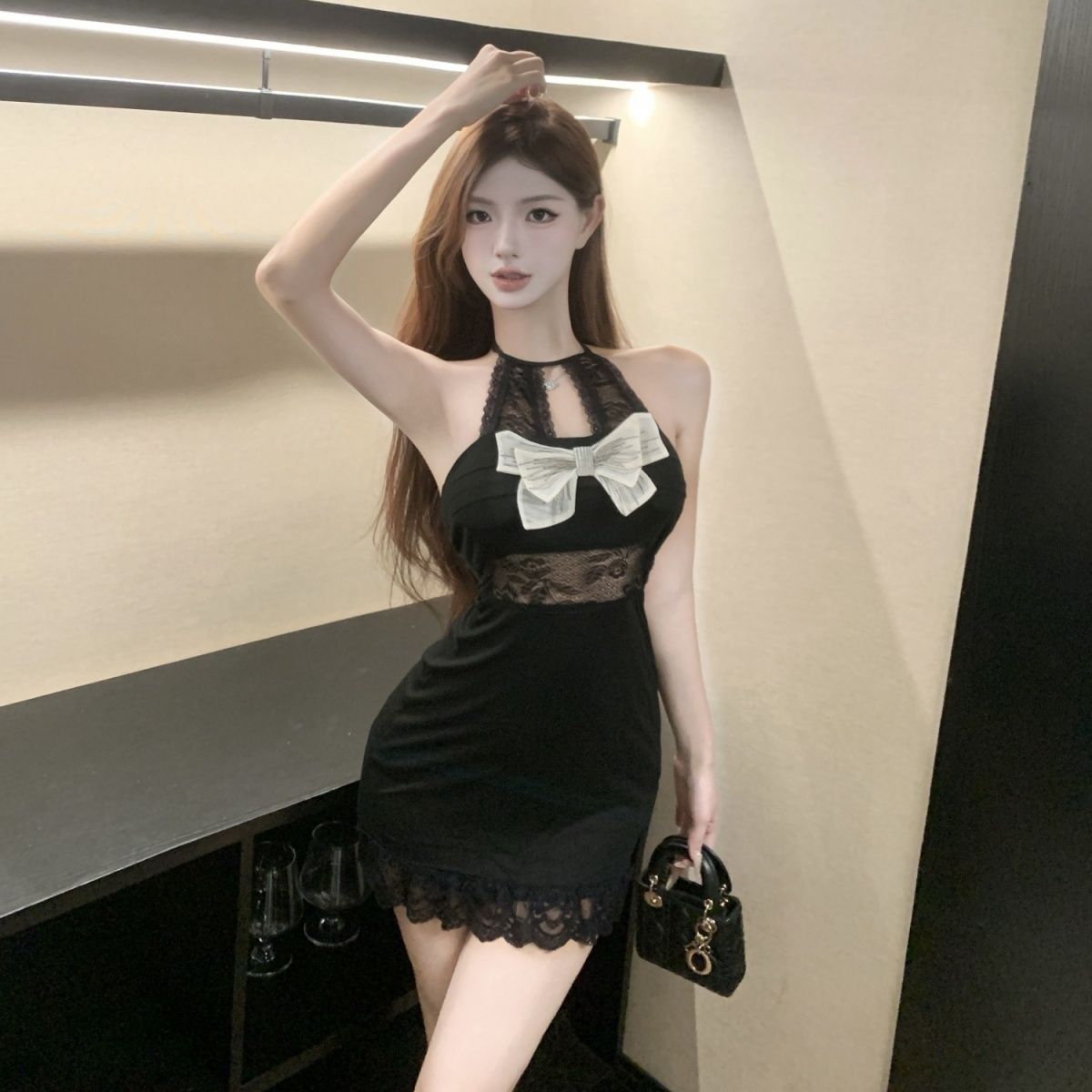 Lace Tulle Trimmed Sheath Short Dress Bow-Knot Sleeveless Alluring Halter Mini Dress AP0533