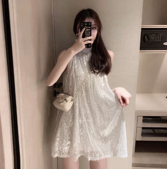 Double Layers Sequin Short Skirt Everyday Wear Sleeveless Fitting Halter Short Dress AP0534