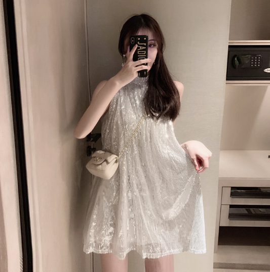 Double Layers Sequin Short Skirt Everyday Wear Sleeveless Fitting Halter Short Dress AP0534