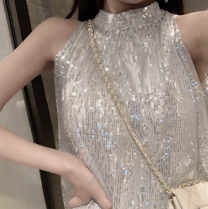 Double Layers Sequin Short Skirt Everyday Wear Sleeveless Fitting Halter Short Dress AP0534