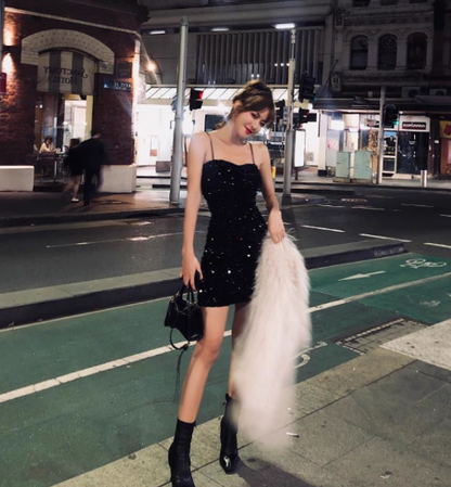 Hot Girls Sequin Design Party Short Skirt Simple Sleeveless Hugging Short Dress AP0535