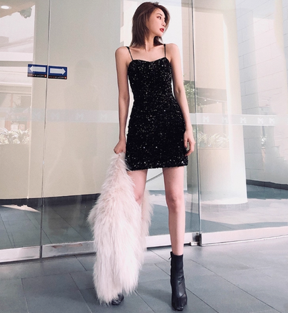 Hot Girls Sequin Design Party Short Skirt Simple Sleeveless Hugging Short Dress AP0535