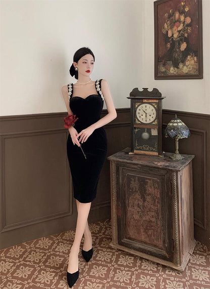 Luxury Beading Ornament Charming Midi Dress Chic Sleeveless Sheath Dress AP0538