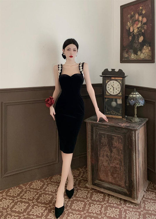 Luxury Beading Ornament Charming Midi Dress Chic Sleeveless Sheath Dress AP0538