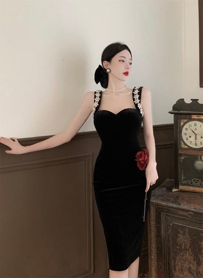 Luxury Beading Ornament Charming Midi Dress Chic Sleeveless Sheath Dress AP0538