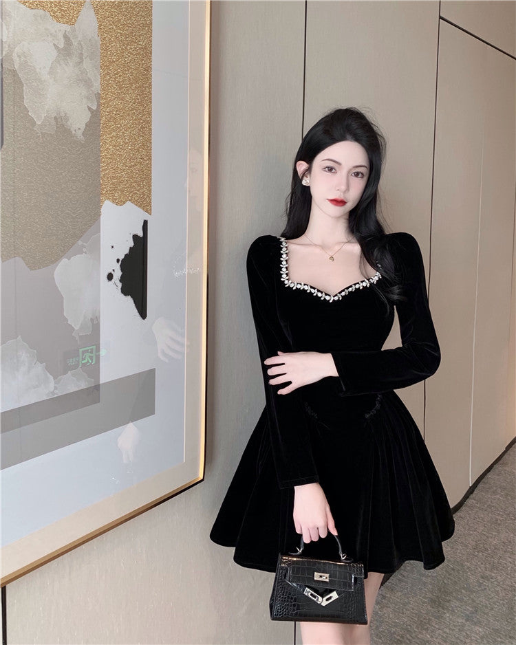 Everyday Wear Velvet Charming Flattering Skirt Long Sleeve LBD Fine Texture Short Dress AP0539