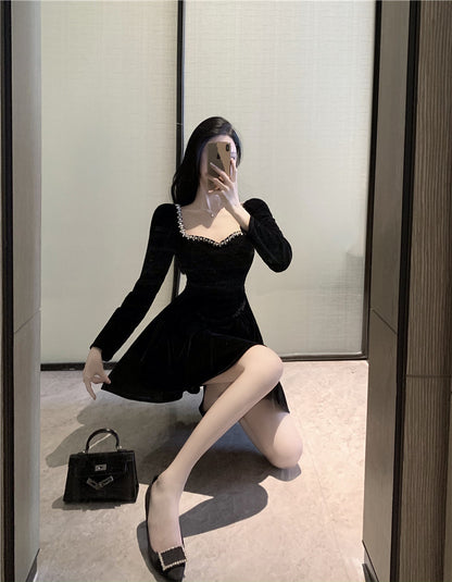 Everyday Wear Velvet Charming Flattering Skirt Long Sleeve LBD Fine Texture Short Dress AP0539