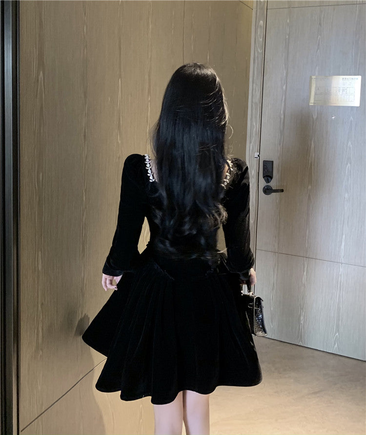 Everyday Wear Velvet Charming Flattering Skirt Long Sleeve LBD Fine Texture Short Dress AP0539