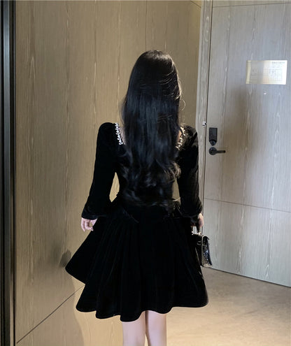 Everyday Wear Velvet Charming Flattering Skirt Long Sleeve LBD Fine Texture Short Dress AP0539