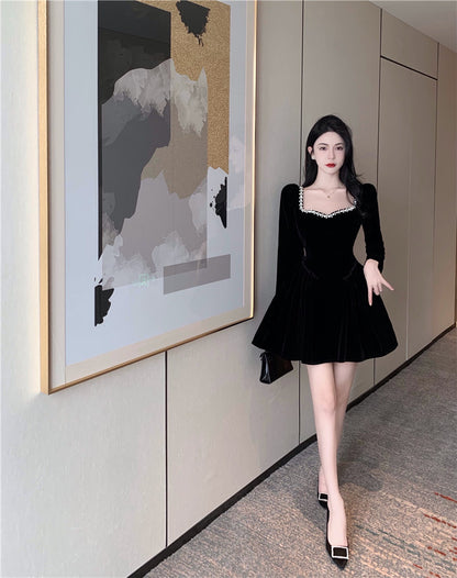 Everyday Wear Velvet Charming Flattering Skirt Long Sleeve LBD Fine Texture Short Dress AP0539