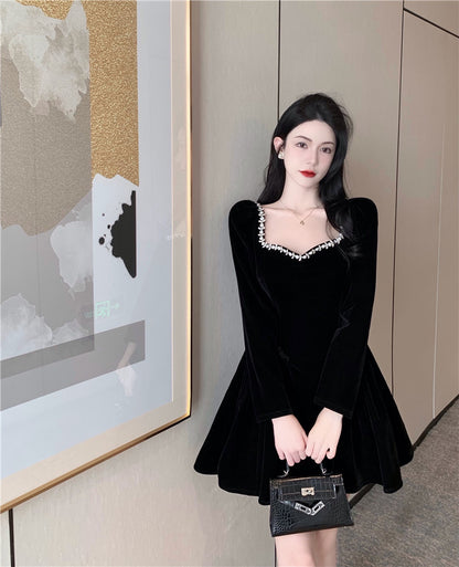 Everyday Wear Velvet Charming Flattering Skirt Long Sleeve LBD Fine Texture Short Dress AP0539