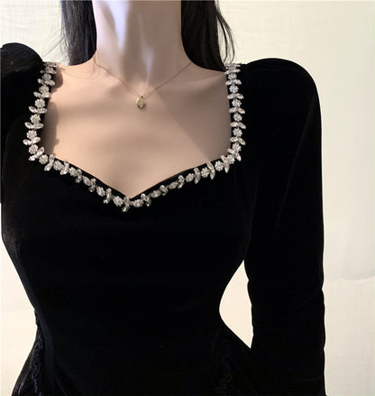 Everyday Wear Velvet Charming Flattering Skirt Long Sleeve LBD Fine Texture Short Dress AP0539