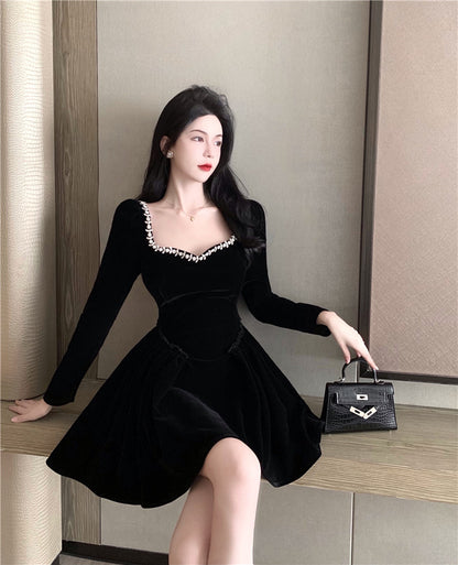 Everyday Wear Velvet Charming Flattering Skirt Long Sleeve LBD Fine Texture Short Dress AP0539