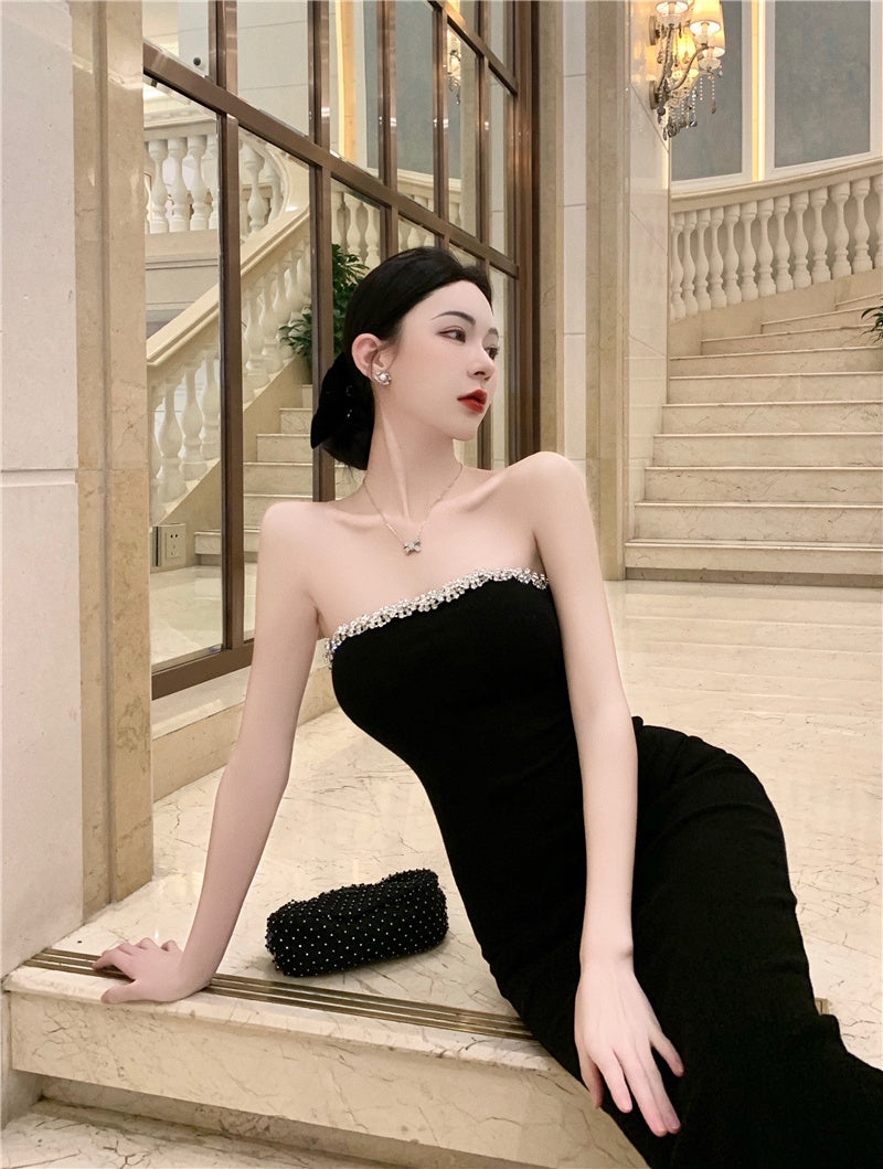 Strapless Beading Slit Midi Skirt Simple Breathable Summer Sheath Long Dress AP0540