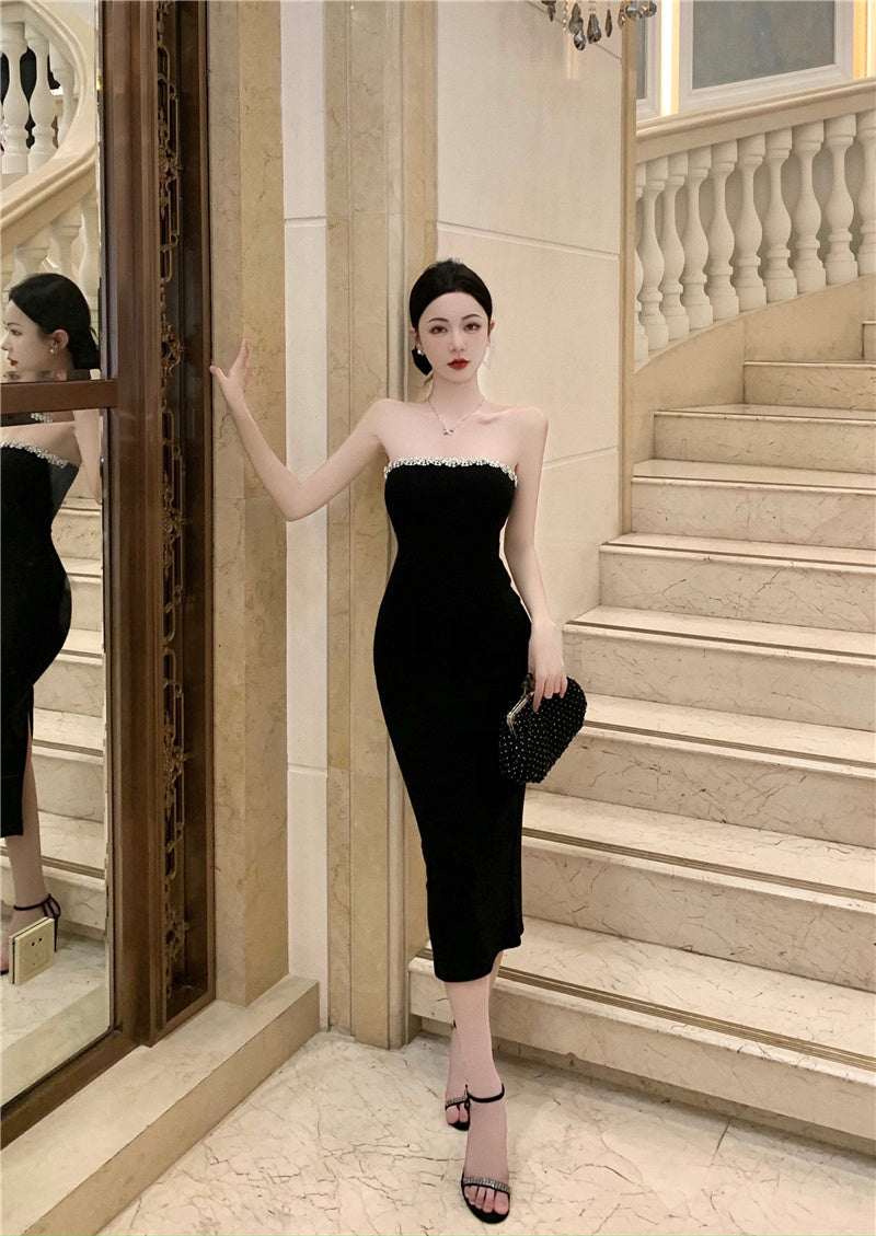 Strapless Beading Slit Midi Skirt Simple Breathable Summer Sheath Long Dress AP0540