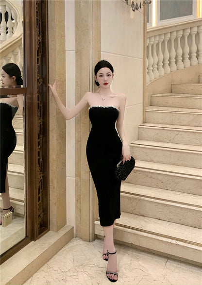 Strapless Beading Slit Midi Skirt Simple Breathable Summer Sheath Long Dress AP0540