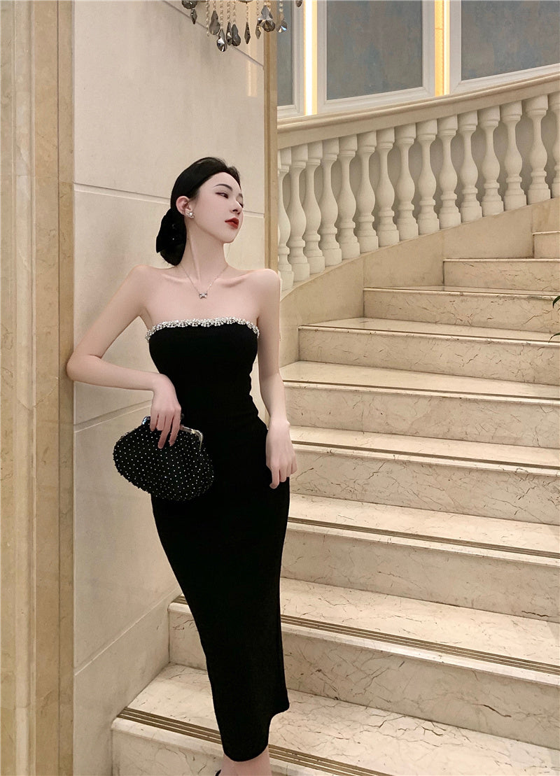 Strapless Beading Slit Midi Skirt Simple Breathable Summer Sheath Long Dress AP0540