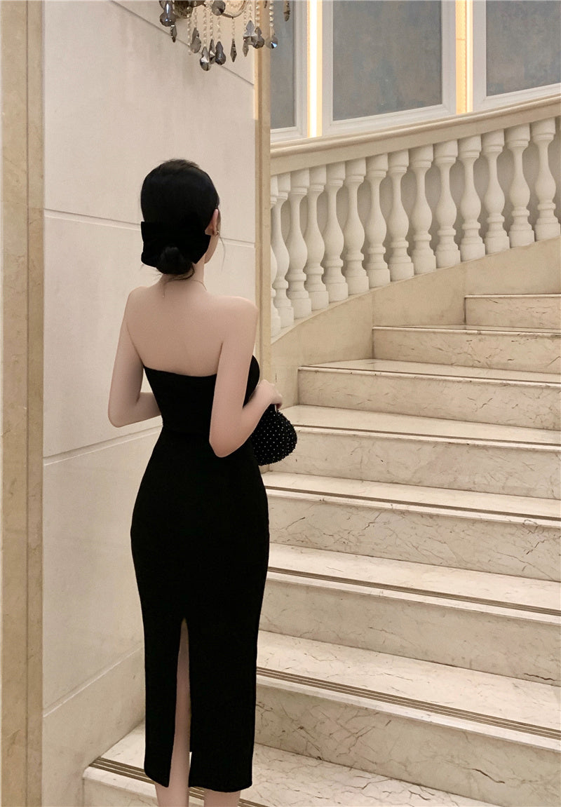 Strapless Beading Slit Midi Skirt Simple Breathable Summer Sheath Long Dress AP0540