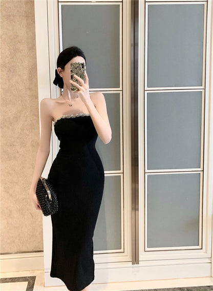 Strapless Beading Slit Midi Skirt Simple Breathable Summer Sheath Long Dress AP0540