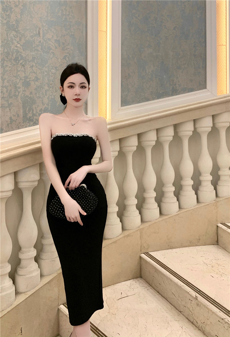 Strapless Beading Slit Midi Skirt Simple Breathable Summer Sheath Long Dress AP0540