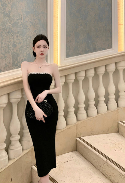 Strapless Beading Slit Midi Skirt Simple Breathable Summer Sheath Long Dress AP0540