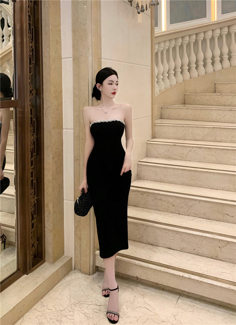 Strapless Beading Slit Midi Skirt Simple Breathable Summer Sheath Long Dress AP0540