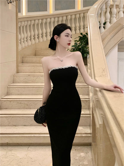 Strapless Beading Slit Midi Skirt Simple Breathable Summer Sheath Long Dress AP0540