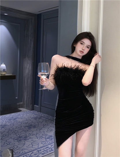 Strapless Feather Ornament  Charming Mini Skirt Asymmetrical Hem Sheath Short Dress AP0541