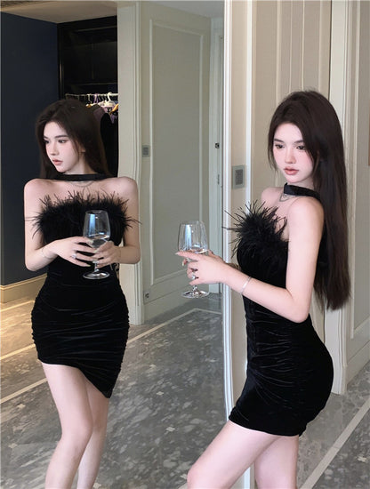 Strapless Feather Ornament  Charming Mini Skirt Asymmetrical Hem Sheath Short Dress AP0541