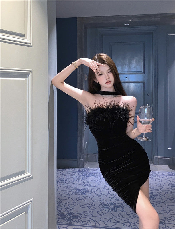Strapless Feather Ornament  Charming Mini Skirt Asymmetrical Hem Sheath Short Dress AP0541