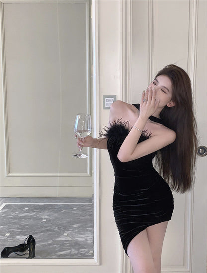 Strapless Feather Ornament  Charming Mini Skirt Asymmetrical Hem Sheath Short Dress AP0541