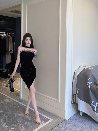 Strapless Feather Ornament  Charming Mini Skirt Asymmetrical Hem Sheath Short Dress AP0541