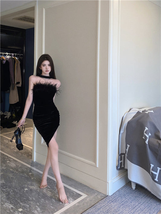 Strapless Feather Ornament  Charming Mini Skirt Asymmetrical Hem Sheath Short Dress AP0541