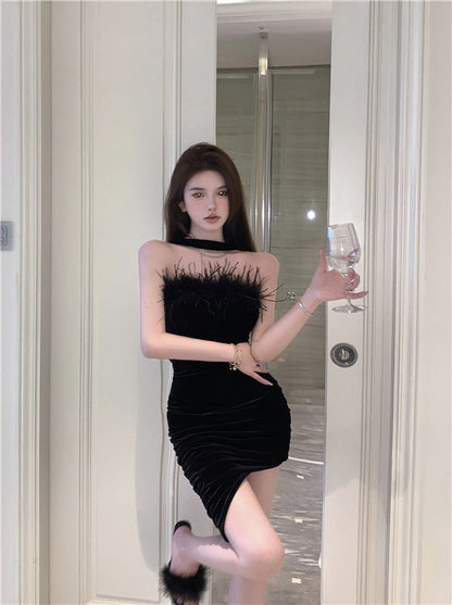 Strapless Feather Ornament  Charming Mini Skirt Asymmetrical Hem Sheath Short Dress AP0541