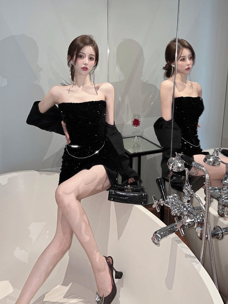 Strapless Sparkle Hip-Hugging Slit Skirt Party Sequin Waist Chain Summer Short Dress AP0542