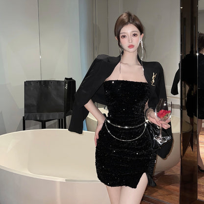 Strapless Sparkle Hip-Hugging Slit Skirt Party Sequin Waist Chain Summer Short Dress AP0542