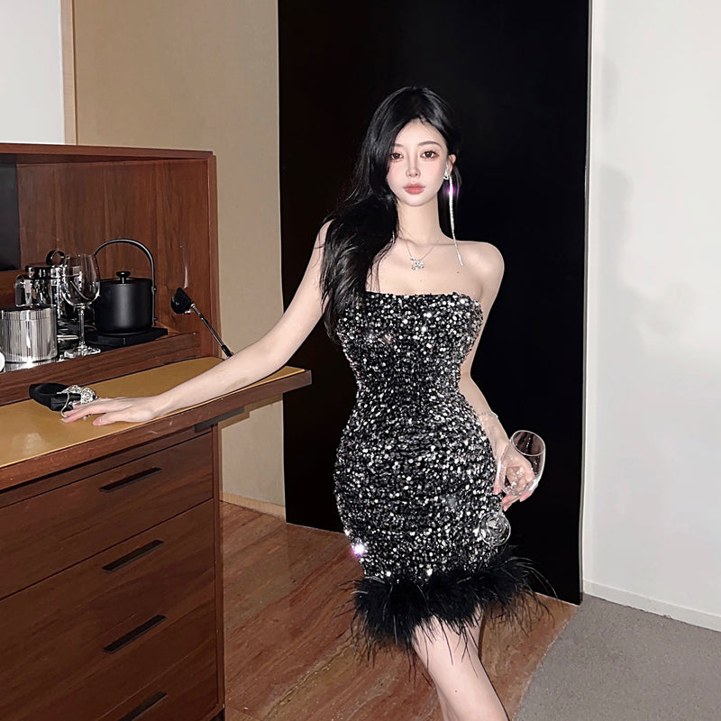Vintage Sequin Sexy Party Dress Strapless Feather Hem Hugging Short Dress AP0543