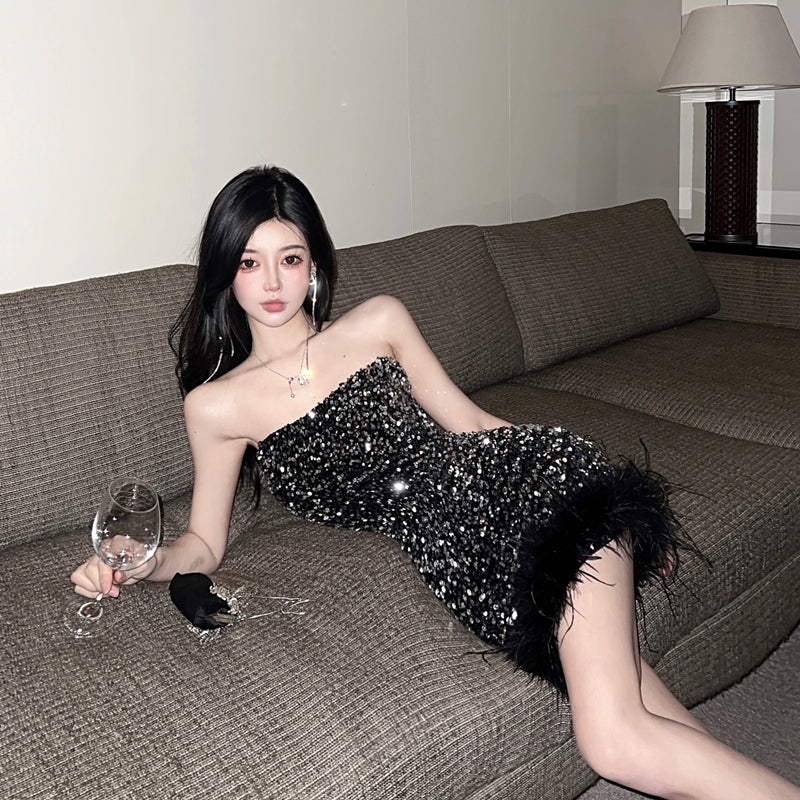 Vintage Sequin Sexy Party Dress Strapless Feather Hem Hugging Short Dress AP0543